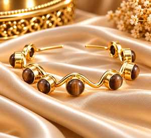 <b>Gold</b> Color Ethnic Cuff <b>Bracelet</b> Bangle with Gemstone Inlay Blue <b>and</b> <b>Black</b> Stones Wavy Design for Women Gift Party - Product Image 3