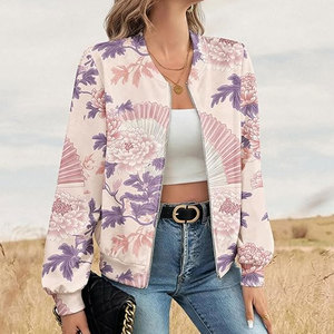 New Arrival <b>Women's</b> Winter Sheep Skin Woven Bomber <b>Jacket</b> Floral Print Baseball Style Casual Outerwear - Product Image 2