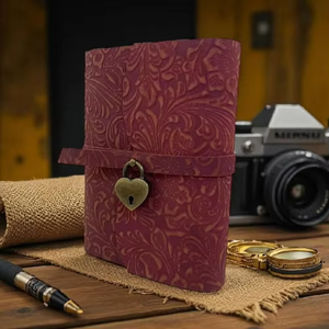 Genuine Red Leather Journal with Heart <b>Lock</b> Personalized Flower Embossed Notebook Handmade Deckle Paper <b>Diary</b> for Writing - Product Image 4