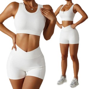 2026 Premium Quality White 2 Piece Yoga Set <b>Crop</b> <b>Top</b> High Waist Shorts Seamless Breathable Sport Wear - Product Image 1