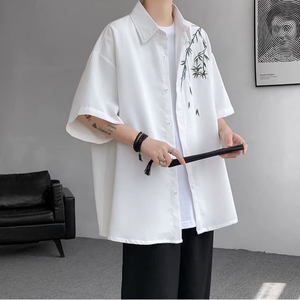 Chemise à manches courtes noire surdimensionnée pour homme avec broderie à la main motif bambou, col rabattu, vêtements décontractés d'été - Product Image 5