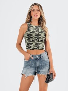 Haut court imprimé camouflage pour femmes, sans manches, col rond, tricoté, décontracté, mode printemps-été - Product Image 2