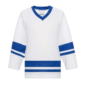 Camiseta de Hockey sobre Hielo Personalizada con Rayas Blancas y Azules, Cuello en V, Manga Larga, Transpirable, 100% Poliéster de Secado Rápido, Unisex para Adultos - Product Image 3