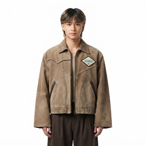 <b>Men</b> Vintage Brown <b>Suede</b> Western Cowboy <b>Jacket</b> Braided Yoke Lapel Collar Zip Up Retro Trucker Ranchwear Darkry Apparel - Product Image 1