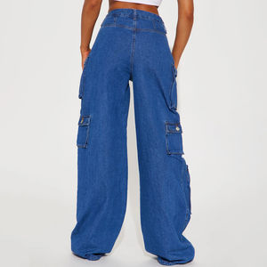 Pantalon cargo en jean bleu multi-poches taille mi-haute pour femme, coupe droite, style streetwear, imperméable, respirant, éco-responsable - Product Image 2