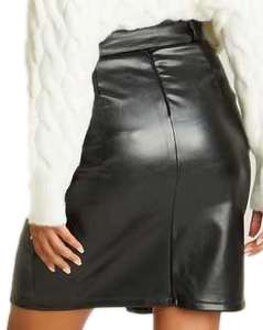 Jupe crayon en cuir PU taille haute pour femme, mini-jupe unie brillante avec fermeture éclair sur le devant, style décontracté toutes saisons - Product Image 4