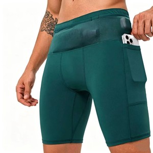 Pantalones Cortos de Compresión de Cintura Alta para Hombre, Color Verde Sólido, Spandex y Poliéster, Secado Rápido, Ajuste Deportivo, con Bolsillos, Cintura Elástica - Product Image 2