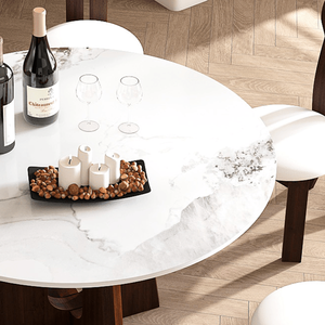 Modern Marble 53\" Round Dining <b>Table</b> with <b>Solid</b> <b>Wood</b> Walnut Base Sturdy Cross Design for 4-6 People Sintered Stone - Product Image 4