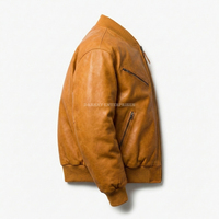 Blouson aviateur en cuir véritable marron pour homme, style motard, col montant, fermeture éclair, couleur unie, vêtement d'extérieur pour l'automne