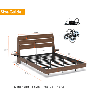 Cadre de lit flottant Queen Size avec lumières LED, station de charge, tête de lit en bois massif, aucun sommier requis - Product Image 2