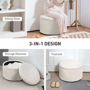 Pouf Contenitore Rotondo da 24 Pollici in Velluto a Coste Beige con Coperchio, Poggiapiedi e Panca per Casa, Ufficio, Soggiorno, Camera da Letto - Product Image 6