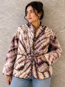 Vintage Tie Dyed <b>Quilted</b> Mandarin Collar Hooded Jacket Patch Pockets Full Sleeve 100% Organic Cotton Outerwear Warm Casual Coat - Product Image 5
