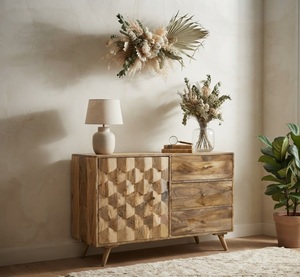 Buffet en bois de manguier massif de style moderne du milieu du siècle avec portes géométriques et tiroirs de rangement, 5+ pieds, pour salon et salle à manger - Product Image 2