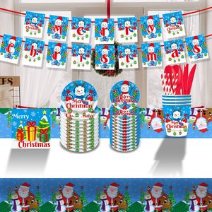 Ensemble de vaisselle jetable de Noël 10 pièces, motif bonhomme de neige, assiettes en papier, serviettes, bannières, nappes en plastique pour décorations de fête - Product Image 2