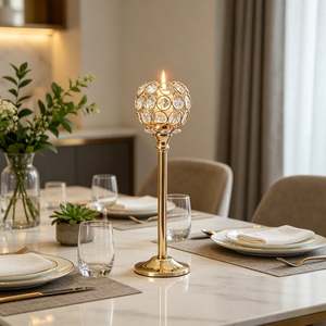 Porte-bougie boule de cristal dorée 27 cm de haut en laiton, décoration d'intérieur, centre de table de mariage - Product Image 3