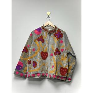 Chaqueta de terciopelo gris para mujer, con bordado floral estilo Suzani, manga larga, cuello alto, estilo bohemio, abrigo de invierno para mujer - Product Image 2