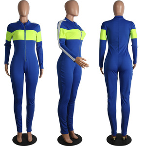 Combinaison longue à manches longues pour femme, noire et vert néon, à blocs de couleur, taille haute, coupe ajustée, fermeture éclair sur le devant, en Spandex et Polyester, style moderne - Product Image 2