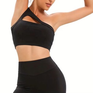 Soutien-gorge de sport yoga rayé à maintien élevé pour femme, design asymétrique à une épaule, décolleté en V, bretelles triangulaires, vêtement de sport grande taille pour fitness - Product Image 3