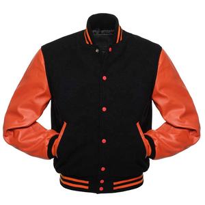 Chaqueta Varsity Personalizada para Hombre, Diseño Retro Letterman con Costuras Resistentes, Cuerpo de Mezcla de Lana, Mangas de Cuero y un Naranja Intenso - Product Image 1