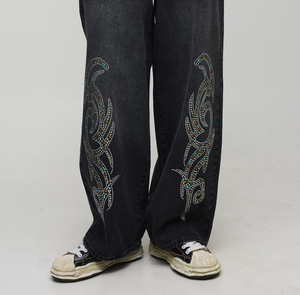 Custom Men's Summer Winter Lightweight Baggy Jeans Straight Fit 100% Cotton Raw Selvedge Denim <b>Pants</b> Button Decoration Solid - Product Image 5