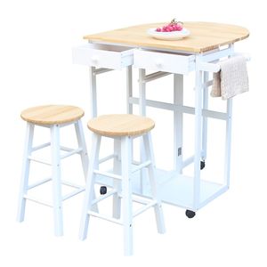 FCH Solid Wood <b>Folding</b> Dining Cart with 2 Free <b>Stools</b> White YJ <b>Kitchen</b> Islands & Carts - Product Image 1