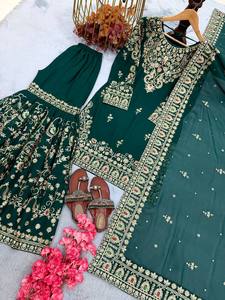 Ensemble Kurta vert émeraude brodé avec pantalon palazzo, tenue traditionnelle indienne et pakistanaise pour femmes, coupe ample, longueur au sol, idéal pour les mariages - Product Image 5