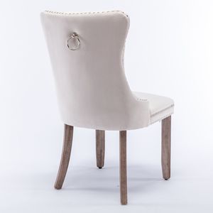 Ensemble de 2 chaises de salle à manger modernes rembourrées en velours, pieds en bois massif avec garniture cloutée, beige - Product Image 6