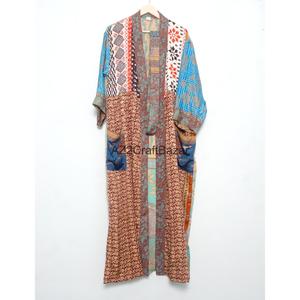 100% Pure Silk Patchwork V-neck Sari Kimono <b>Robe</b> Light Weight Vintage Soft Breathable Quick Dry <b>Beach</b> Party Gown Indian Women's - Product Image 3