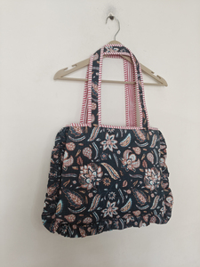 Casual Floral Print Cotton <b>Laptop</b> Tote <b>Bag</b> Ruffled Edges Striped Handles Shoulder <b>Carry</b> Quilted Rajasthan Daily Use Portable - Product Image 1