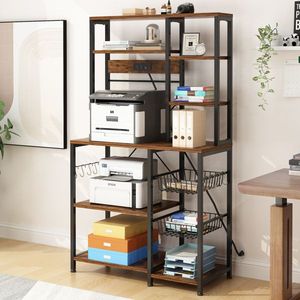 10 Ganci a S con 6 Ripiani a Strisce, Scaffale per Forno a Microonde Marrone Retrò 96.8*40*170cm, Pannello in Truciolato Melaminico Marrone Retrò - Product Image 5