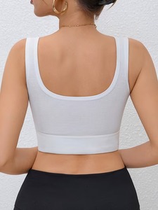 Ladies Wide Band Fitness Sports Bra Breathable Rib Knit Scoop Collar Athletic <b>Crop</b> Vest High Stretch Running <b>Top</b> - Product Image 6