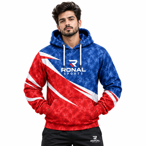 Sweat-shirt à capuche pour homme RONAL SPORTS, impression par sublimation, couleurs contrastées rouge et bleu, design sportif, respirant, coupe classique, vêtements d'automne - Product Image 3
