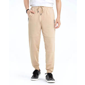 Pantalon de survêtement beige pour homme, taille élastique, cordon de serrage, poches latérales, pantalon en coton tricoté décontracté, vêtements d'automne - Product Image 1
