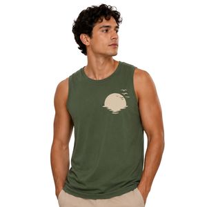 Camiseta sin Mangas Verde Oliva con Diseño Gráfico Minimalista de Pájaros al Atardecer, Chaleco Personalizado de Algodón para Hombre, Cuello Redondo, Verano, Casual - Product Image 1