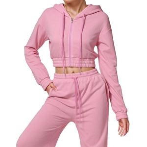 Logo personnalisé fermeture éclair complète vêtements de sport pour femmes ensemble de jogging fermeture éclair crop top ensemble de sweat à capuche femmes 2 pièces Fitness joggers ensemble de vêtements - Product Image 1
