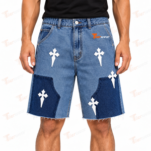 Shorts en jean patchwork pour homme, bleu délavé avec appliques croix blanches, taille mi-haute, style décontracté d'été - Product Image 5