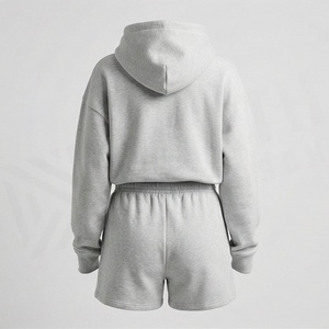 Women's 2 Piece Hoodie Shorts <b>Set</b> Solid Gray Fleece Casual Loose Fit Above Knee Sweatshirt and Shorts <b>Twin</b> <b>Set</b> - Product Image 2