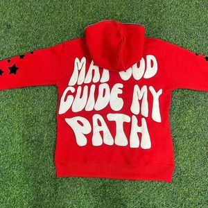 Red Puff Print Zip Up Hoodie <b>Men</b> Heavyweight 100% Cotton Custom Logo <b>Pullover</b> Sweatshirt Winter Streetwear - Product Image 3