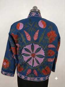 <b>Mens</b> Navy Blue Suzani Embroidered <b>Jacket</b> Traditional Uzbek Inspired Floral Outerwear Handmade Artisan Folk Art Coat with Pink - Product Image 4