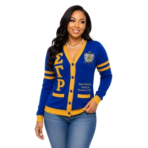 Cardigan SGRHO Doré pour Femme, Pull Tricoté Boutonné à Lettres Grecques, Tenue de Sororité, Mode Collégienne Décontractée, Personnalisable - Product Image 1