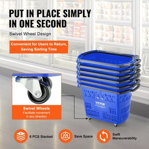 Set di 6 Grandi Cesti per la Spesa Portatili da 39L con Ruote e 8 Maniglie, Carrelli e Trolley in Plastica - Product Image 5