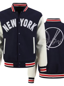 Veste universitaire New York de haute qualité 100% coton pour homme, bleu marine, manches blanches, lettrage brodé, décontractée, écologique, respirante - Product Image 1