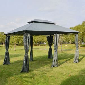 Gazebo Pergola a 2 Livelli in Acciaio 3x4m Grigio Salvia per Esterni con Tende e Pali in Metallo - Product Image 2