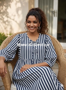 U Neck Cotton Floor Length <b>A</b> <b>LINE</b> <b>Dress</b> Three Quarter Puff Sleeves Handblock <b>Pattern</b> Women's Daily Wear Embroidery Detail - Product Image 5
