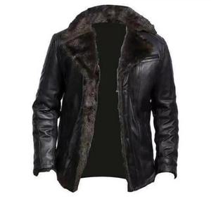 Veste en cuir véritable vintage pour homme, doublure en fourrure épaisse, col rabattable, fermeture éclair, coupe-vent, manteau d'hiver - Product Image 4