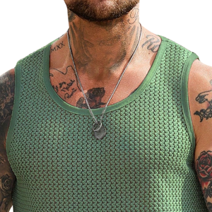 Camiseta sin mangas de punto de ganchillo con orificios 100% algodón para hombre, cuello redondo, informal, de verano, estilo urbano, transpirable, para gimnasio, playa, vacaciones, chaleco de moda - Product Image 6