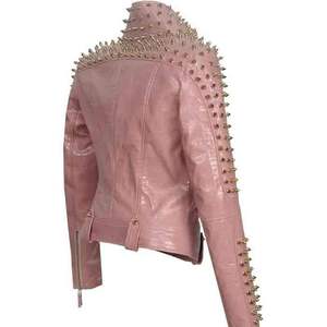 Veste Moto Rose OEM avec Décoration à Rivets, Col Rabattu, Manches Longues, Fermeture Éclair, Style Femme, Veste en Cuir Marque Privée - Product Image 3