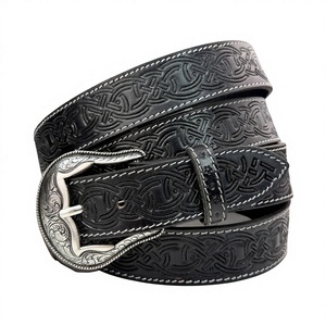 Burgundy Tooled Leather <b>Belt</b> Rose Flower Metal Buckle Western Style <b>Belt</b> for Trousers From Direct factory price with Low OEM MOQ - Product Image 1