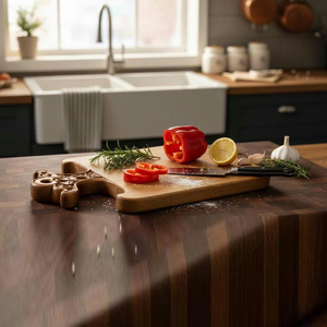 Esta elegante tabla de cortar de madera presenta un mango superior intrincadamente tallado a mano con un diseño distintivo para cortar verduras. - Product Image 6