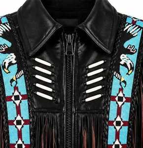 Men's Black Leather <b>Fringe</b> <b>Jacket</b> with Geometric Embroidery Turn-down Collar Moto Biker Style - Product Image 4